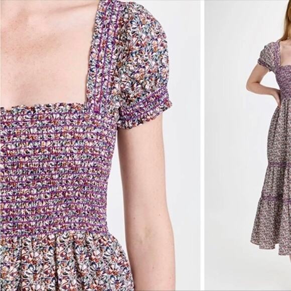 O.P.T Sz S Daphne Tiered Smocked Bodice Pocket Midi Dress Purple Cottagecore - Picture 2 of 12
